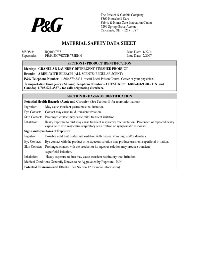 Ariel With Bleach Granular Laundry Detergent Msds PDF