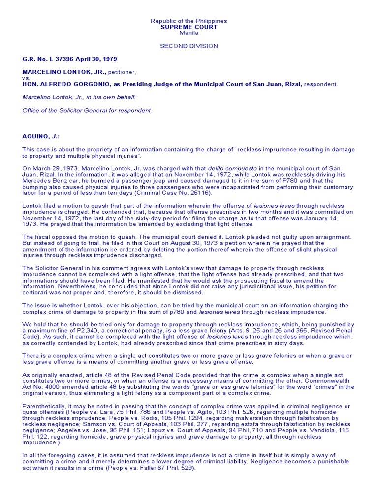 Supreme Court Ruling on Reckless Imprudence | PDF | Felony | Crime ...