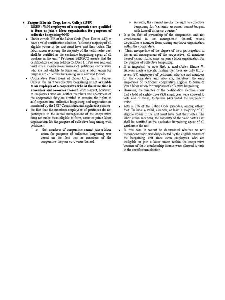 Benguet Electric Coop. Inc. v. Calleja (1989) | PDF | Collective ...