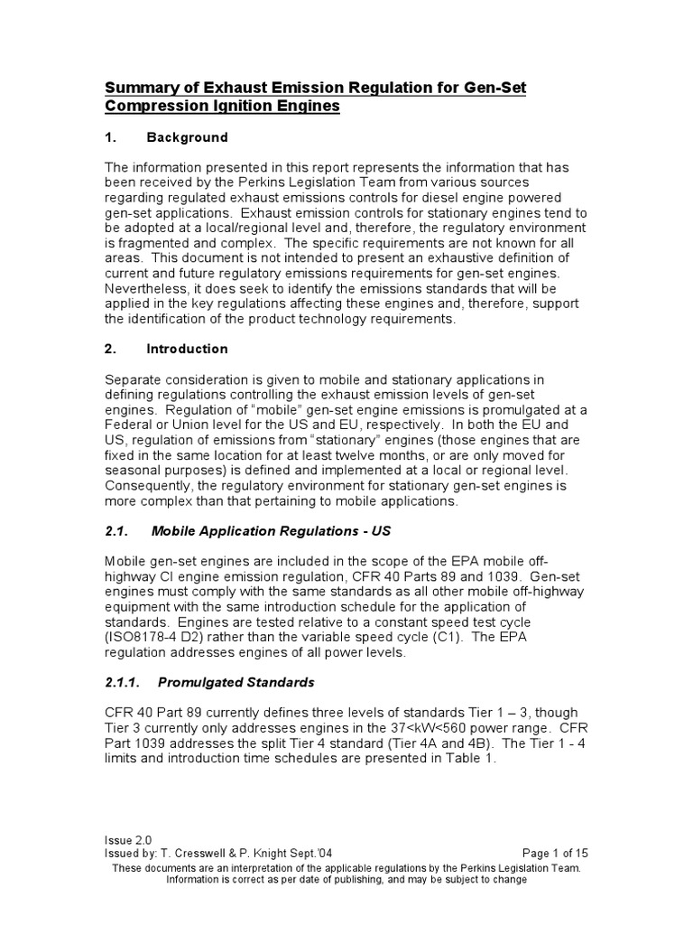 Summary of Exhaust Emission Regulation For GenSet Compression Ignition