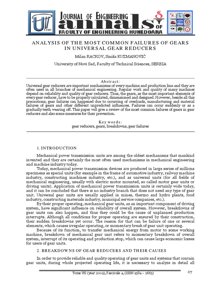 Analysis of The Most Common Failures of Gears in Universal Gear