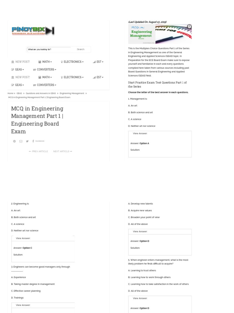 Engineering Management MCQs for Exam Prep | PDF | Multiple Choice ...