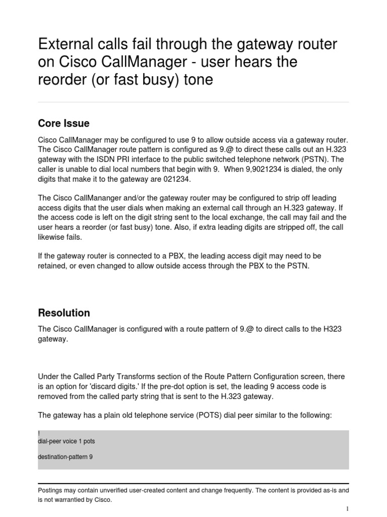 External Calls Fail Through The Gateway Router On Cisco Callmanager ...