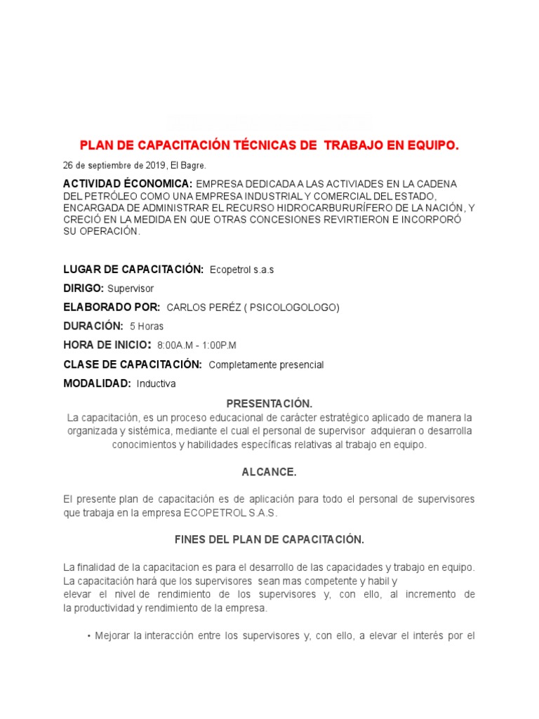 Plan de Capacitación Técnicas de Trabajo en Equipo | PDF | Gestión de ...