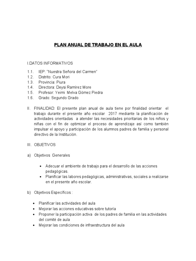 Plan Anual de Trabajo en El Aula | PDF | Salón de clases | Maestros