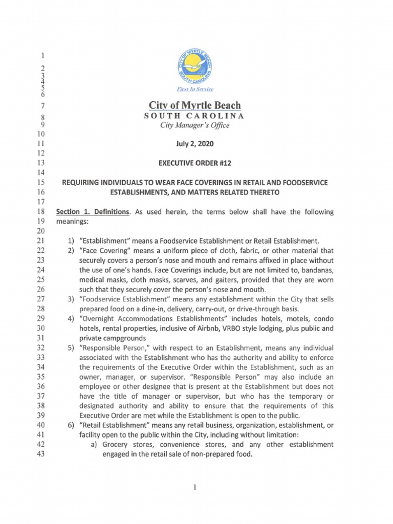 Myrtle Beach Face Mask Executive Order 12 7.2.2020 PDF