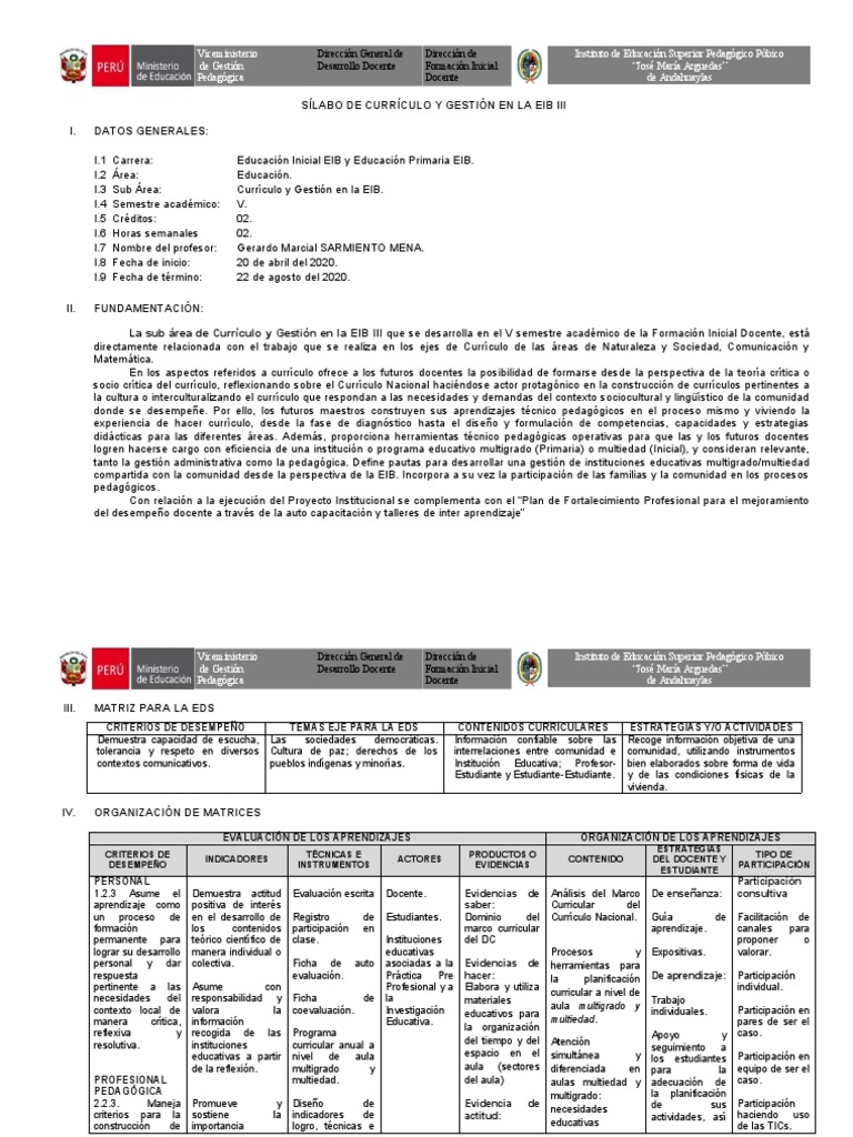 Silabo Currículo y Gestiòn en Eib | PDF | Plan de estudios | Maestros