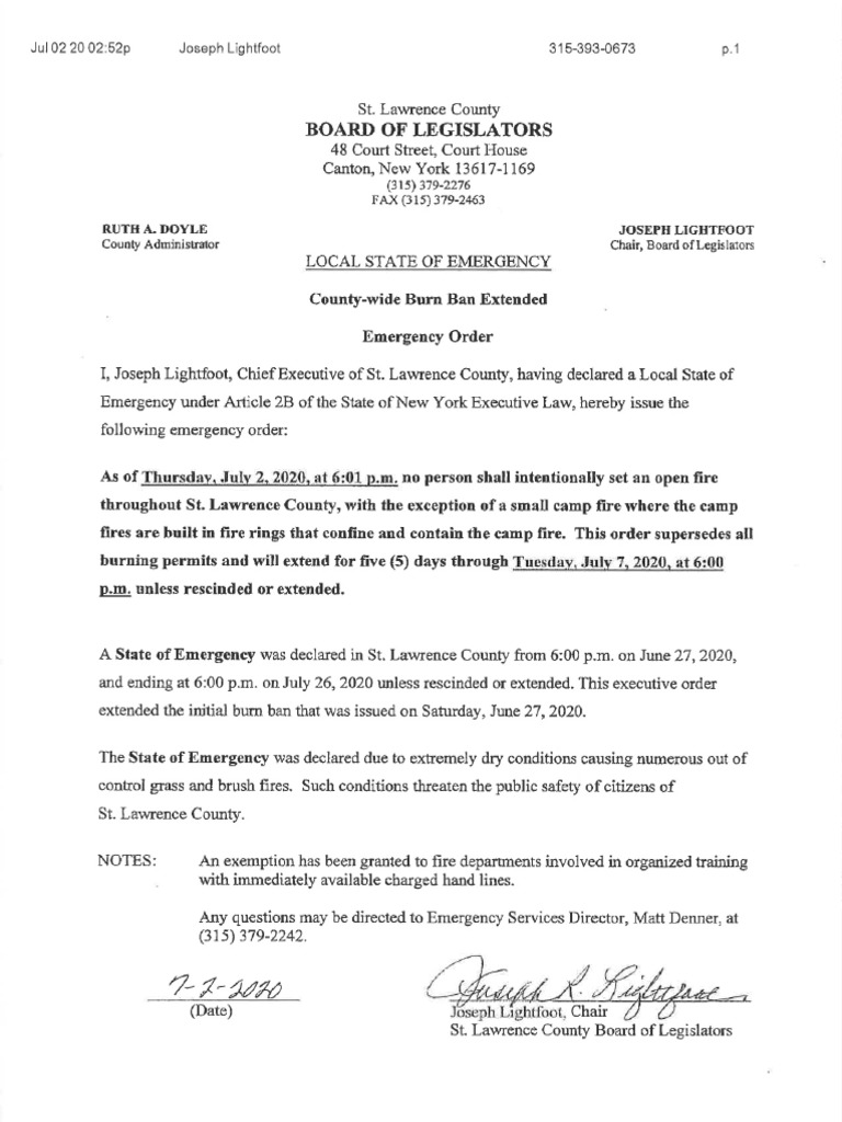 St. Lawrence County Burn Ban Extended PDF