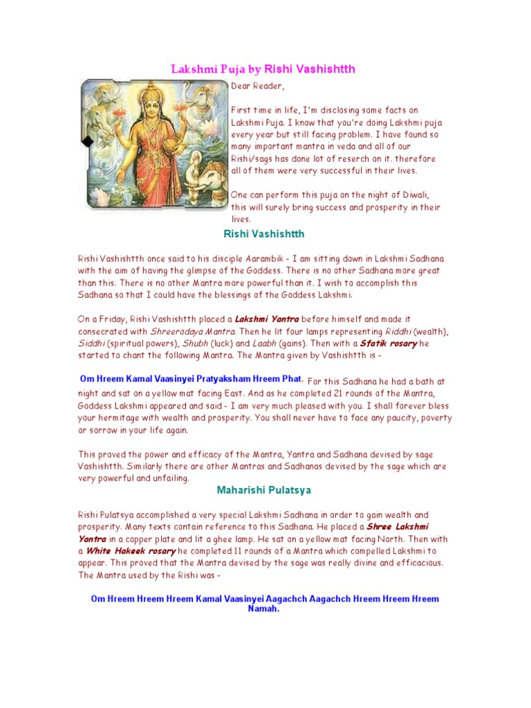 Lakshmi Puja by Rishi Vashishtth | PDF | Mantra | Spirituality