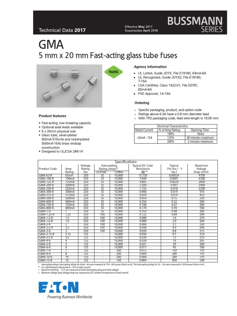 Eaton Gma Time Delay Glass Tube Fuses Data Sheet PDF Fuse