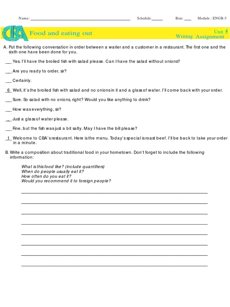 Food and Eating Out: Writing Unit Assignment | PDF | Cooking, Food & Wine