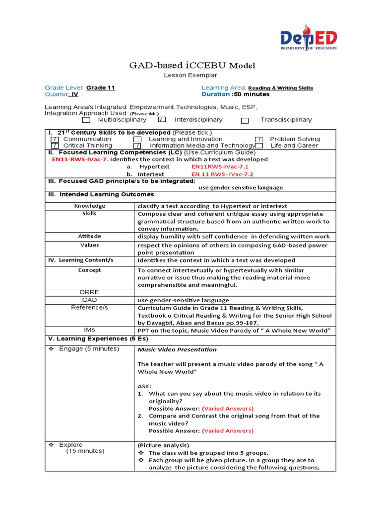 Grade 11 Reading & Writing Lesson Plan | PDF | Interdisciplinarity ...