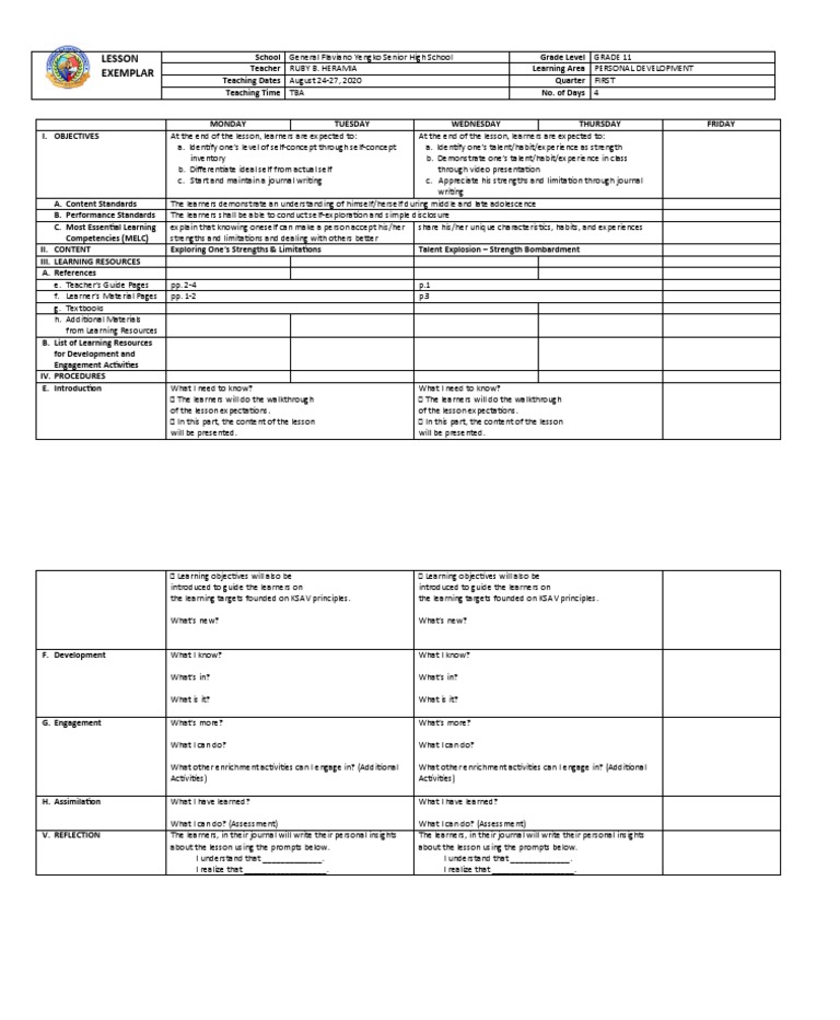 Personal Development Lesson Plan Grade 11 | PDF | Self Concept | Learning