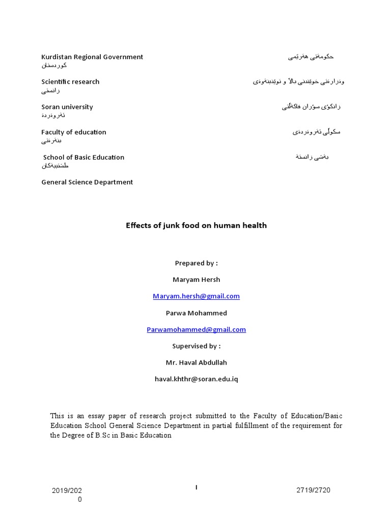 Effects of Junk Food On Human Health | PDF | Carbohydrates | Healthy Diet