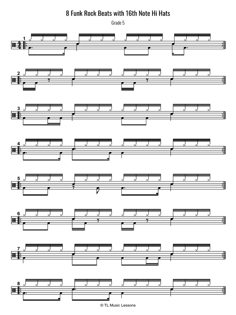8 Funk Rock Drum Beats With 16th Note Hi Hats - Grade 5 PDF | PDF