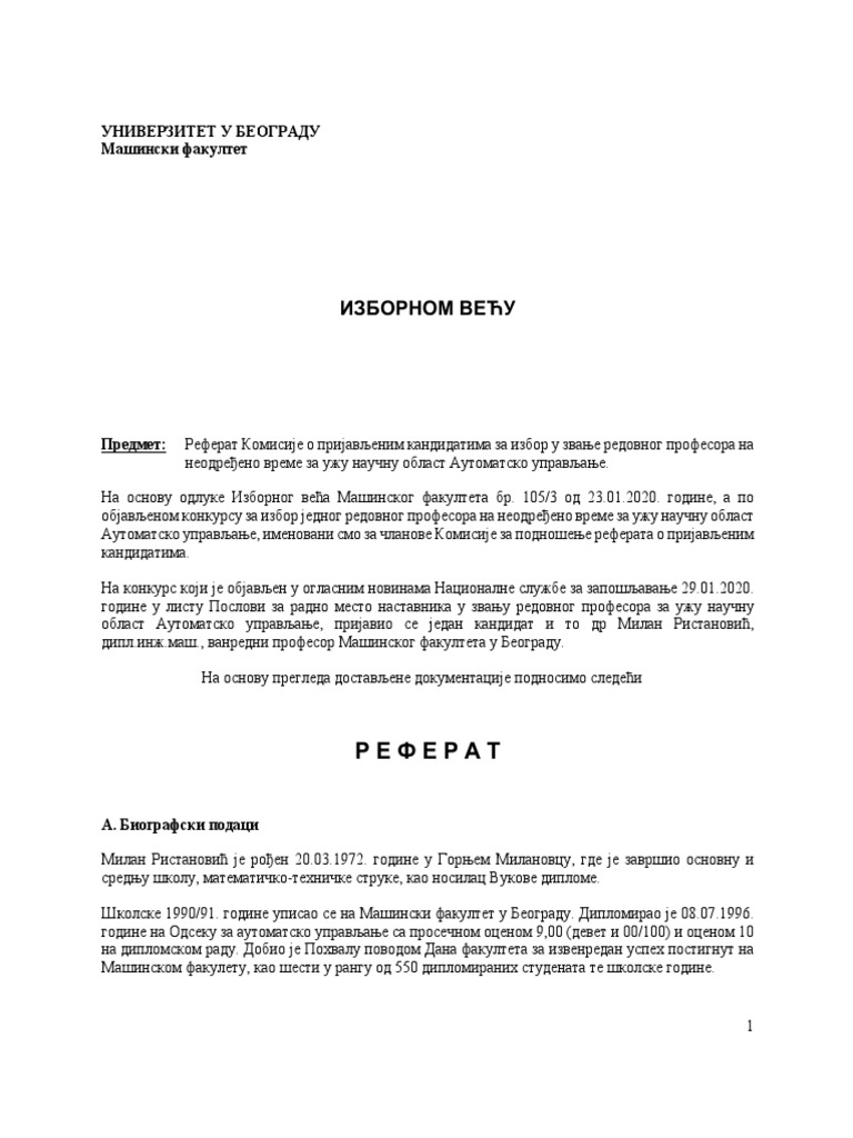 Milan Ristanovic Referat 2020 | PDF