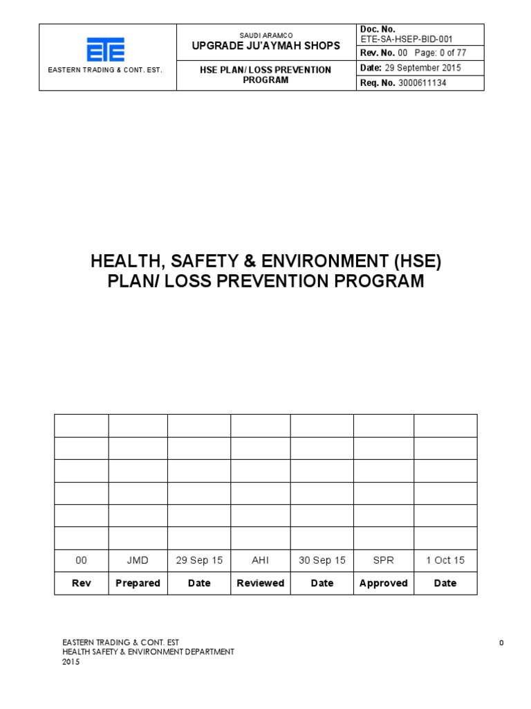 Health, Safety & Environment (Hse) Plan/ Loss Prevention Program