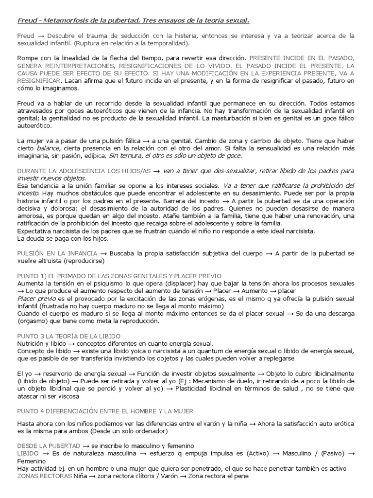 Resumen Freud Metamorfosis de La Pubertad. Tres Ensayos de La Teoría Sexual PDF Libido