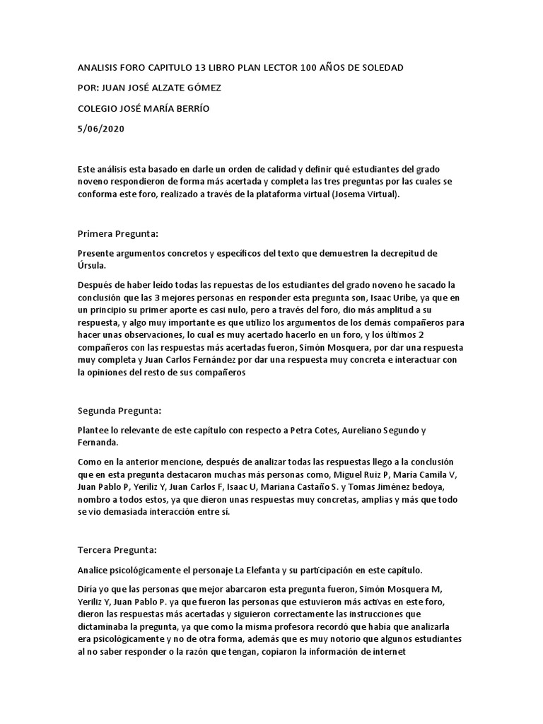 Analisis Foro Capitulo 13 Libro Plan Lector 100 Años de Soledad | PDF