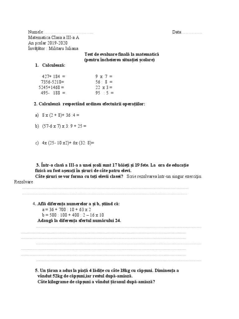 Test Final Matematica Cl. A III A | PDF