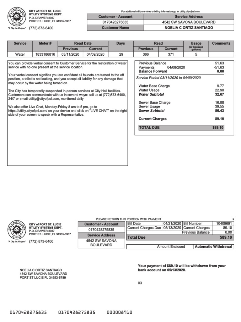 City of Port St. Lucie Utility Systems Dept. P.O. DRAWER 8987 PORT ST