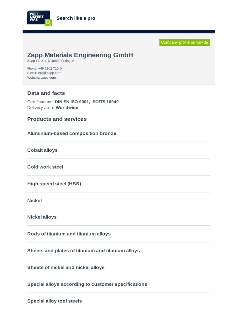 Zapp Materials Engineering GMBH Data and Facts PDF