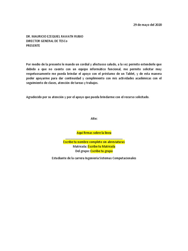 Carta Solicitud Tablet Pdf