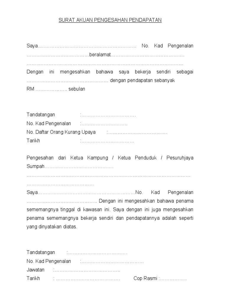 Contoh Surat Rasmi Pengesahan Pendapatan Bekerja Sendiri 