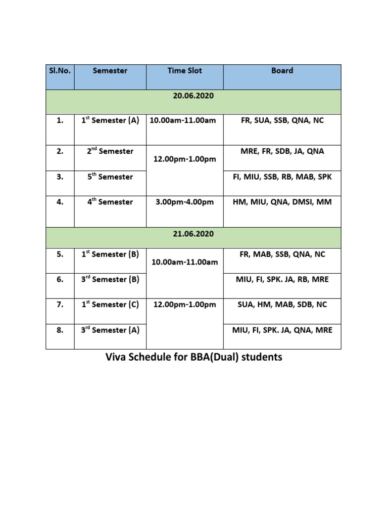 BBA Dual Viva Schedule | PDF