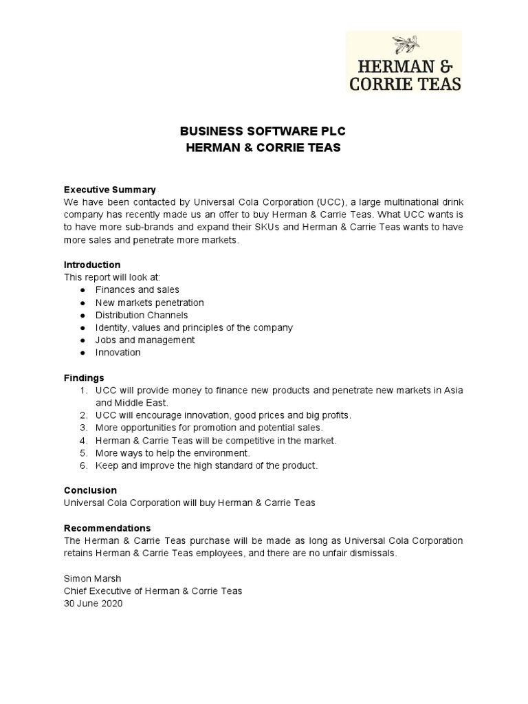 UCC Acquisition of Herman & Carrie Teas | PDF | Career & Growth | Business