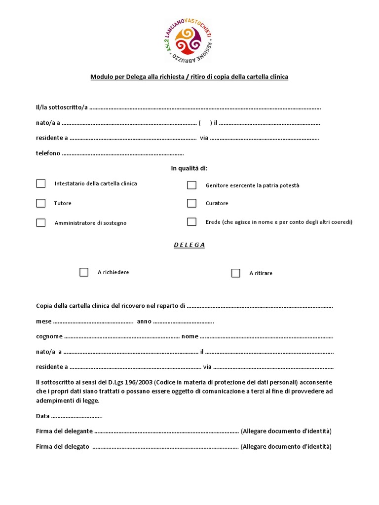 Modulo Per Delega Cartella Clinica PDF