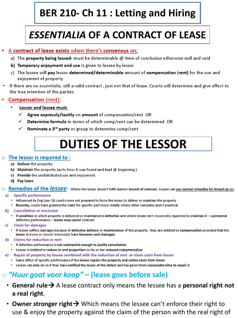 Essentialia of Lease Contracts Explained | PDF | Lease | Law And Economics