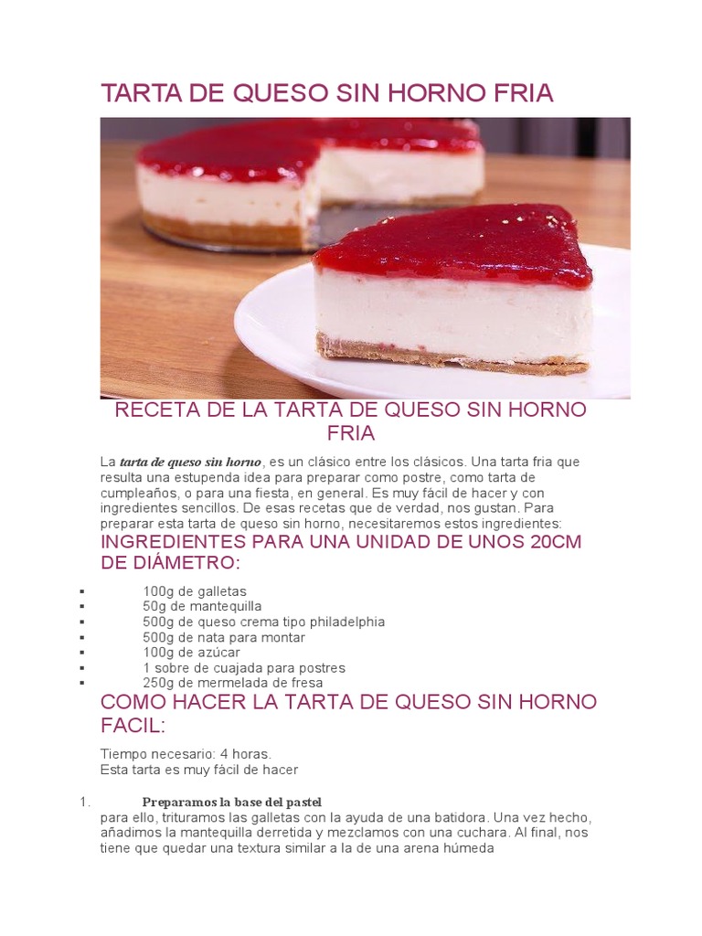 Receta de Tarta de Queso Sin Horno | PDF | Tarta de queso | Queso