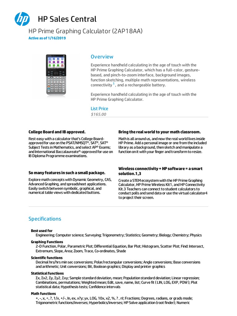 HP Sales Central HP Prime Graphing Calculator (2AP18AA) PDF