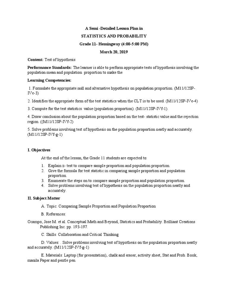Grade 11 Lesson Plan: Hypothesis Testing | PDF | Statistical Hypothesis ...