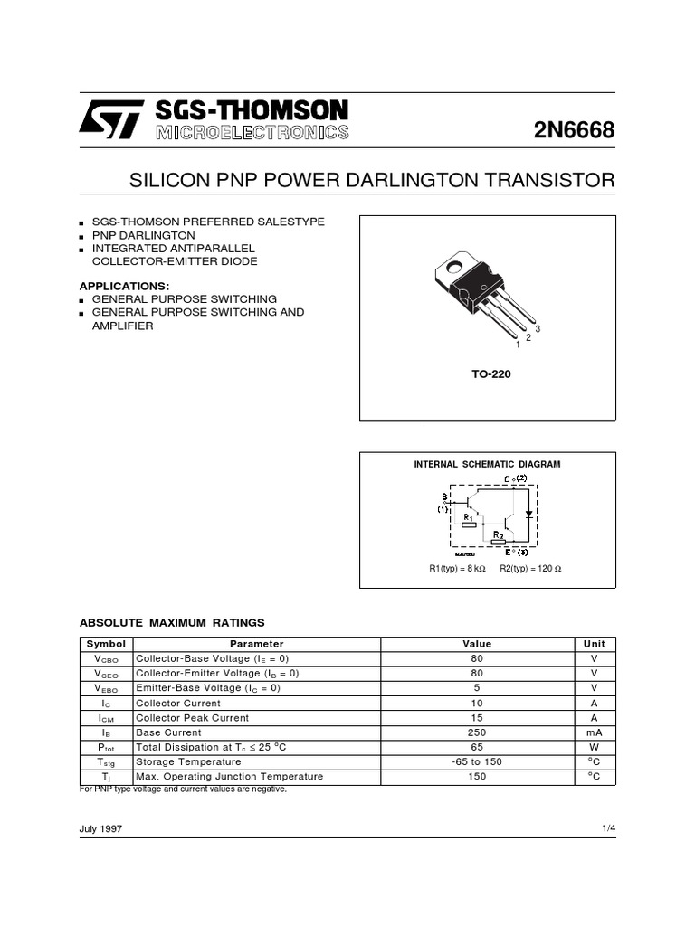Silicon PNP Power Darlington Transistor | PDF | Bipolar Junction ...