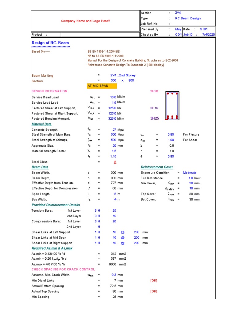 Rc Beam Simply Supported Ec2 Pdf Pdf Beam Structure Bending