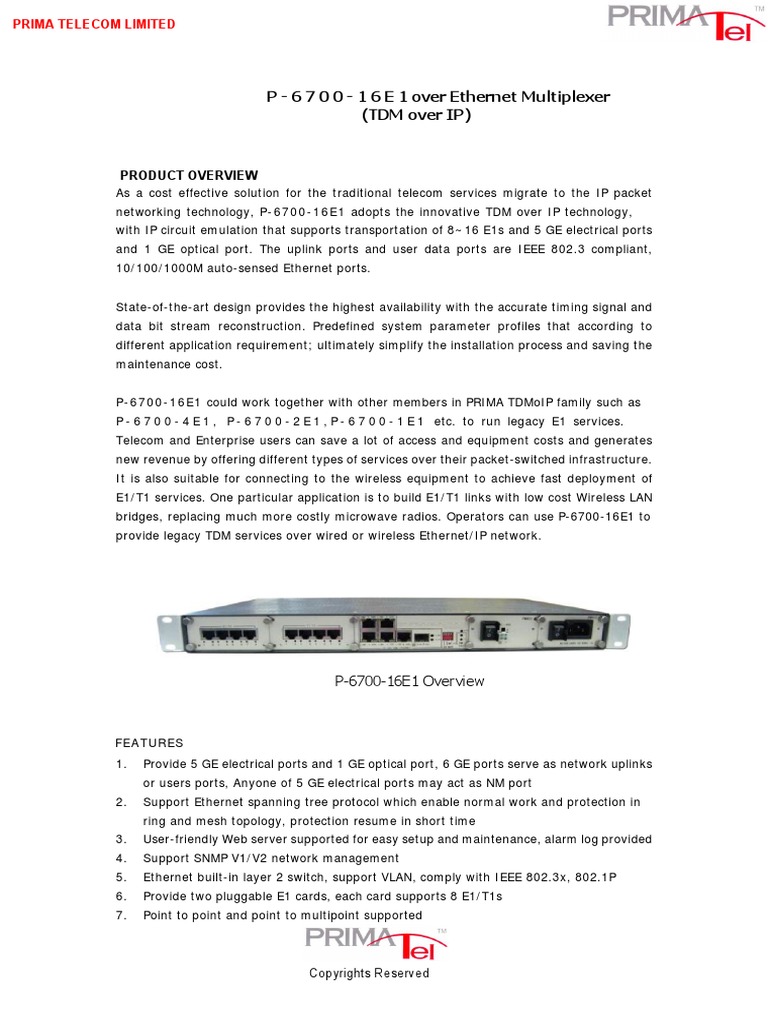 P 6 7 0 0 1 6 E 1 Over Multiplexer (TDM Over IP) PDF Computer Network