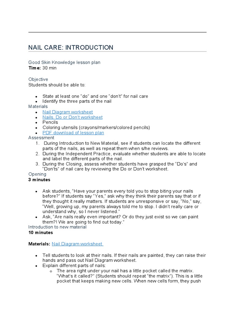 Nail Care Worksheet | PDF | Nail (Anatomy) | Dermatology