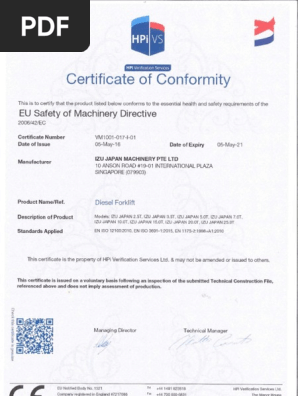 Certificate IZU Forklift Japan