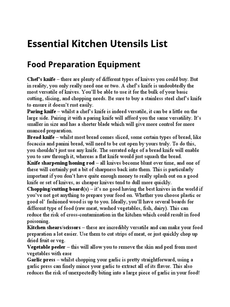 Essential Kitchen Utensils List PDF Knife Cooking