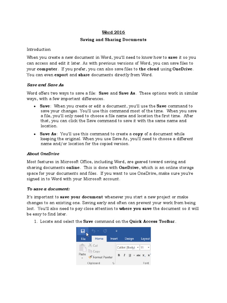Word 2016 Saving and Sharing Documents: Save and Save As | PDF ...
