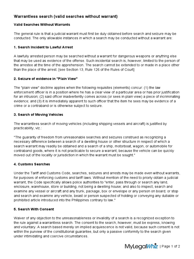 Bill of Rights Warrantless Search Valid Searches Without Warrant | PDF ...