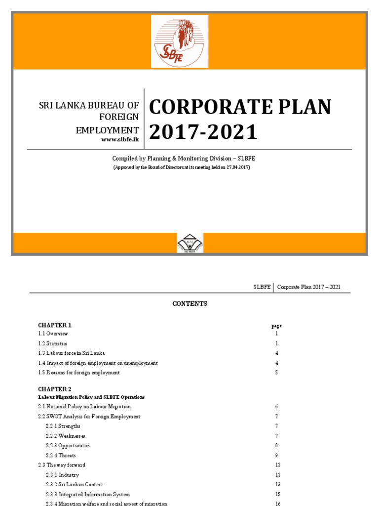 SLBFE Corporate Plan 2017-2021 | PDF | Migrant Worker | Human Migration