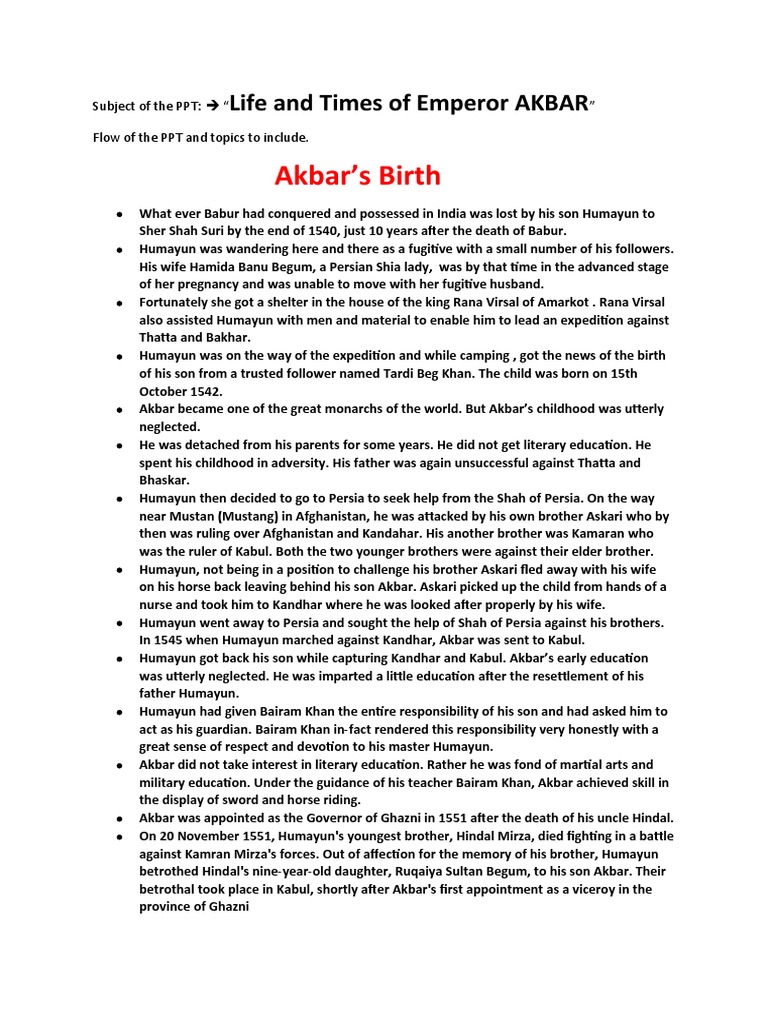 Akbar's Birth Life and Times of Emperor AKBAR PDF Timurid Dynasty
