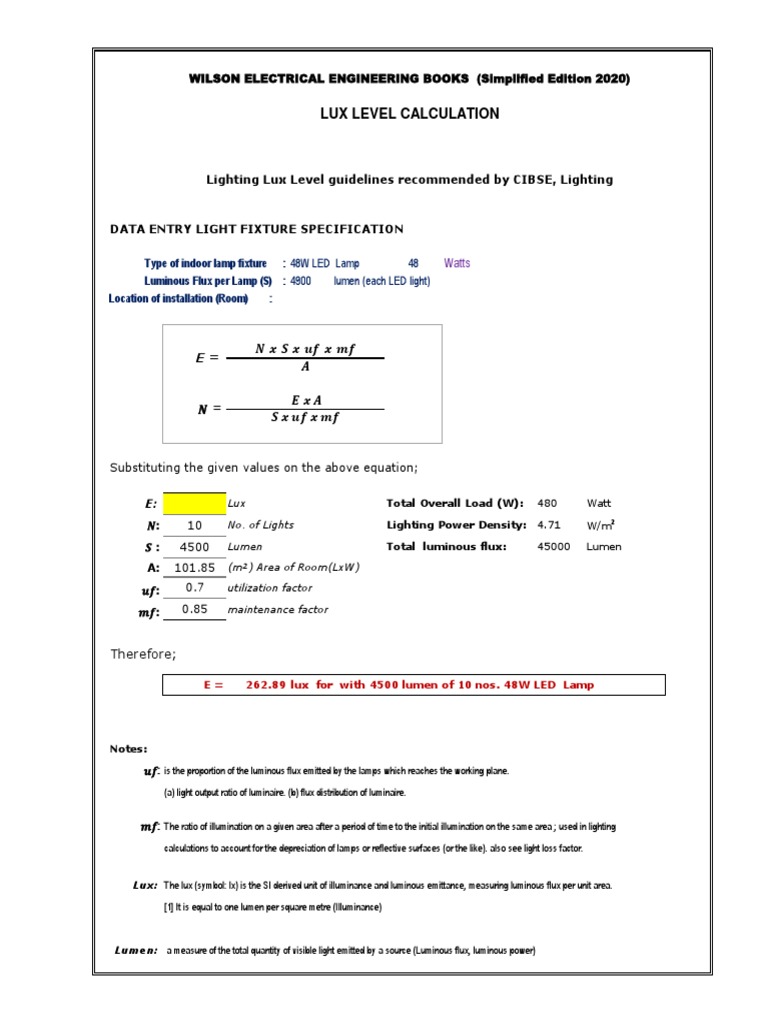 Lux Level Calculation WILSON ELECTRICAL ENGINEERING BOOKS (Simplified