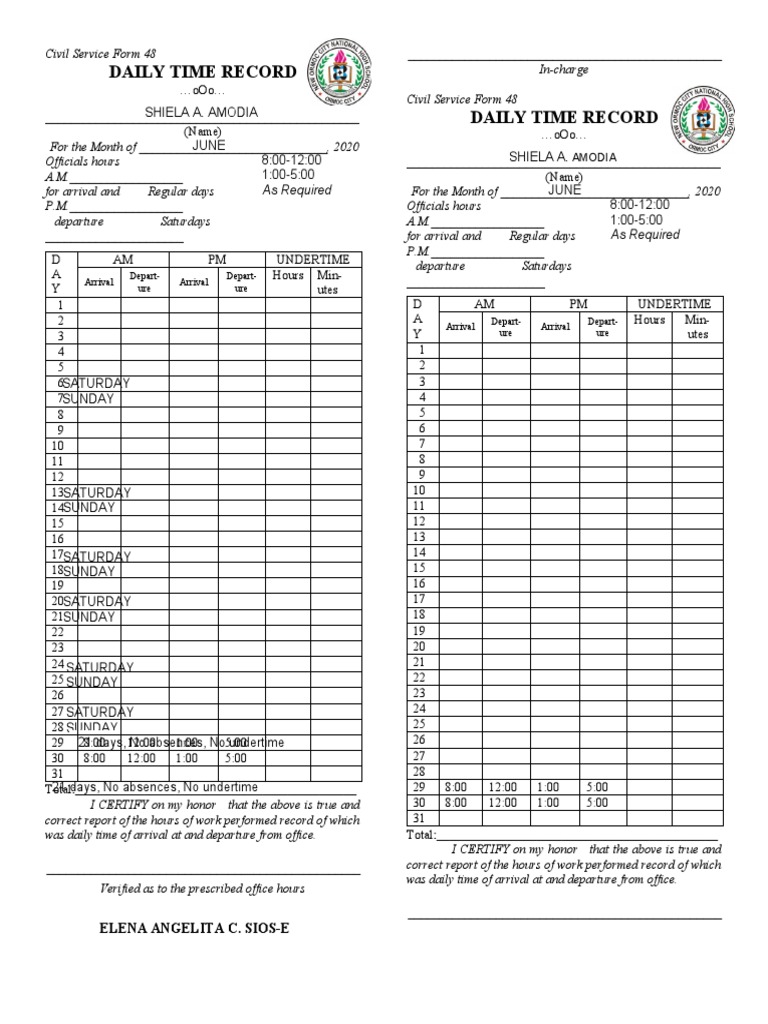 Daily Time Record Template PDF Daily Time Record Template PDF
