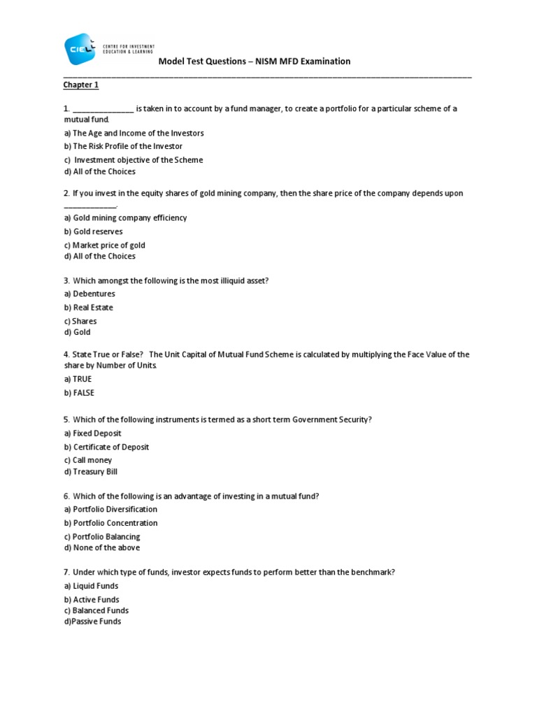 Mfd Model Test Questions Aug2018 Pdf Mutual Funds Asset Allocation