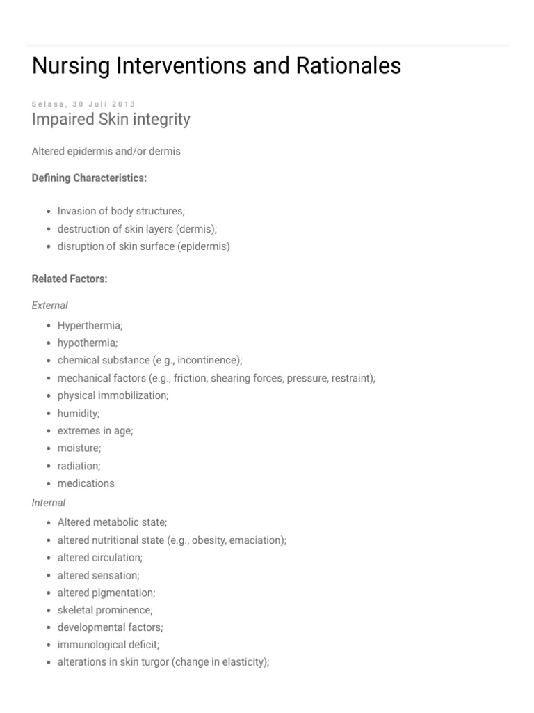 Nursing Interventions and Rationales Impaired Skin Integrity PDF Chronic Obstructive
