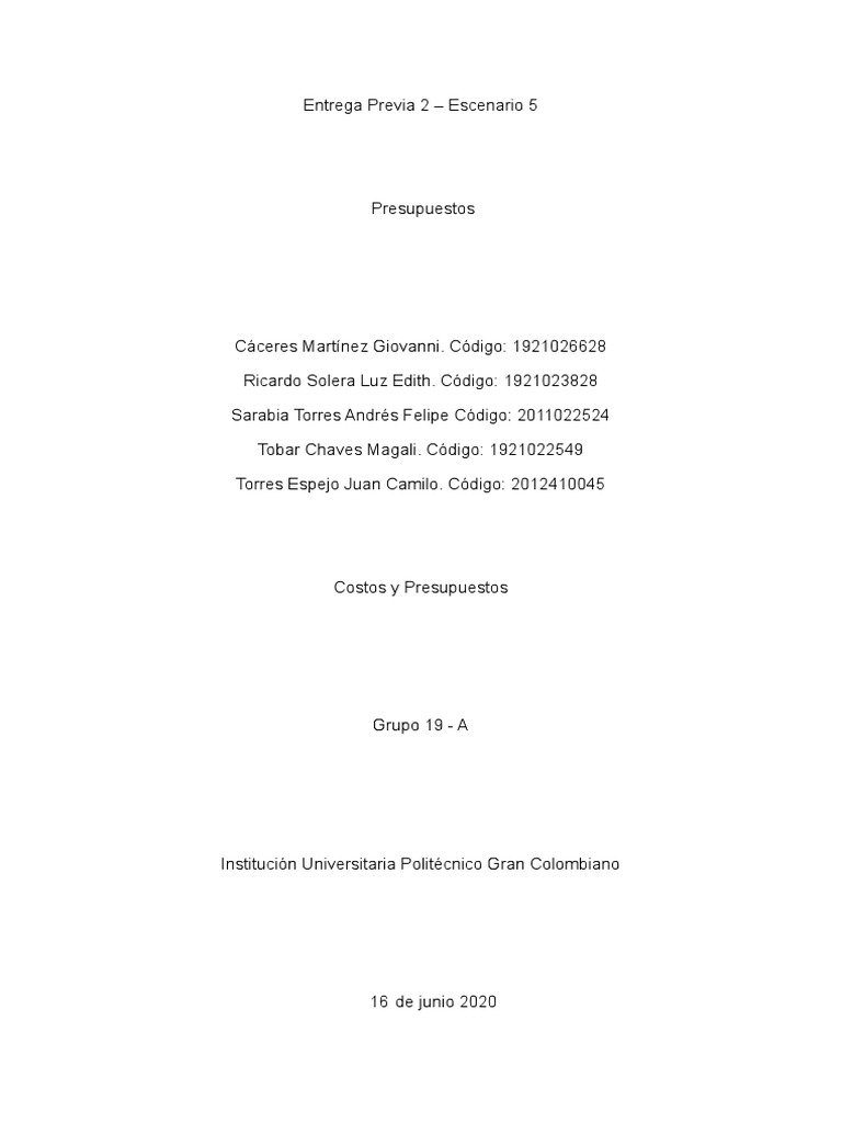 Trabajo Entrega 2 Semana 5 Costos | PDF | Costo | Presupuesto